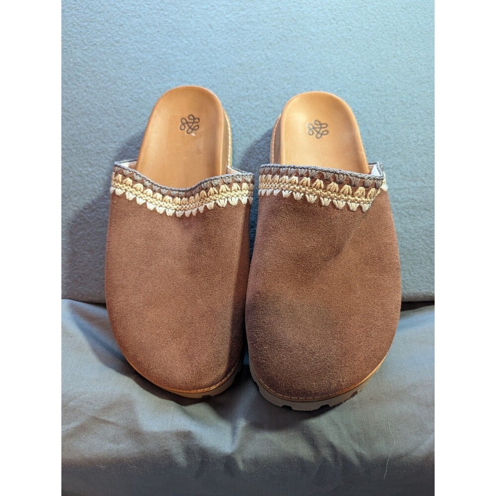 Lucky Brand Women's Size 10 Brown Suede Crochet Trim Mule Clogs Slip On Shoes